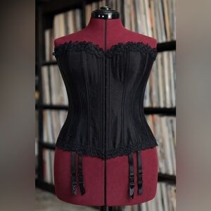 Grenier Black Satin Corset Size 34 | Lace Trim Boned Bustier w/ Garter Straps
